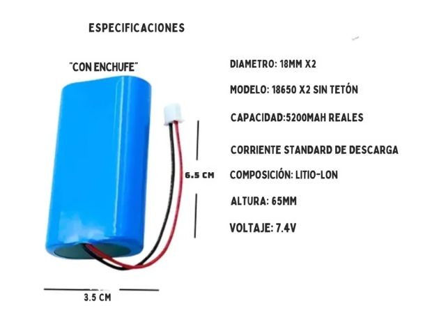 &uu BATERIA PILA RECARGABLES 18650 DOBLE 7,4V+ CONECTOR